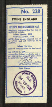 NEW ZEALAND Postmark Auckland POINT ENGLAND P.O.S.B. Used on a Registration Label dated 24/9/71. Evidence of Post Office practic