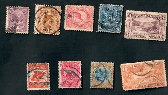 NEW ZEALAND 1898 Pictorials. Selection of 9 middle value items. Postmarks make the items "seconds" but good value. - 24050 - Mix
