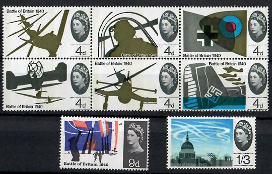 GREAT BRITAIN 1965 25th Anniversary of the Battle of Britain. Set of 8 including the block of 6 all with phosphor bands. - 24402