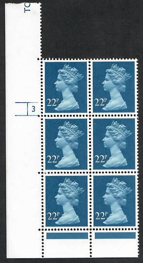 GREAT BRITAIN 1980 Elizabeth 2nd Machin 22p Blue. Cylinder Block 3 with No Dot. - 24416 - UHM