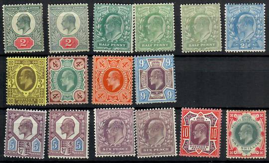 GREAT BRITAIN 1902 Edward 7th Definitives. Part set of 16. ½d ½d ½d 2d 2d 2½d 3d 4d 4d 5d 5d 6d 6d 9d 10d 1/-. There are clear s