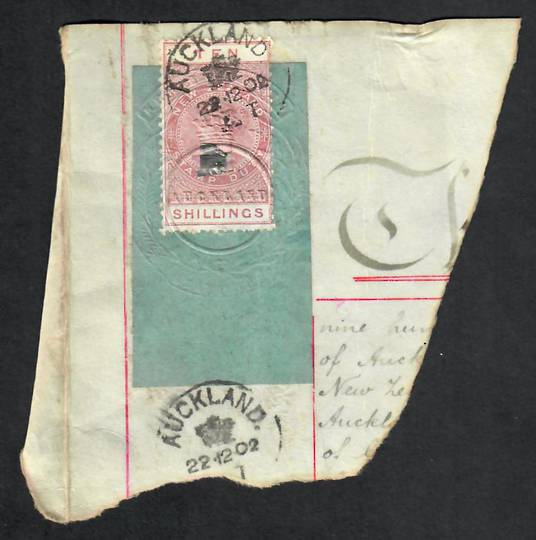 NEW ZEALAND 1902 Corner of document with Victoria 1st Long Type 10/- Fiscal. Backing Label intact. - 24860 - Fiscal