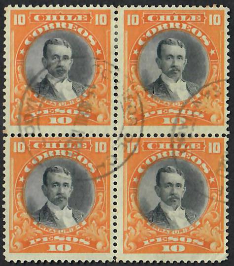 CHILE 1911 Definitive 10p Black and Yellow. Block of 4. Nice cancellation. Superb item. Catalogued by Scott $US 22.00. - 24879 -