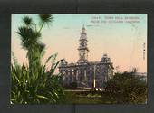 Coloured postcard by Muir and Moodie of Town Hall Dunedin from the Octagon Gardens. - 249108 - Postcard