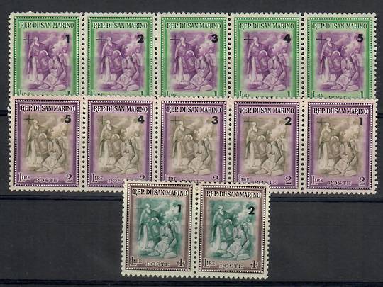 SAN MARINO 1947 Reconstruction Surchaarges. Set of 12 in Joined pair and strips. - 25481 - LHM