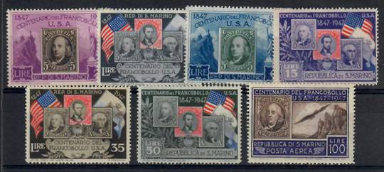 SAN MARINO 1947 Centenary of the first USA stamp. Set of 7. (The high value is unhinged). - 25484 - Mint