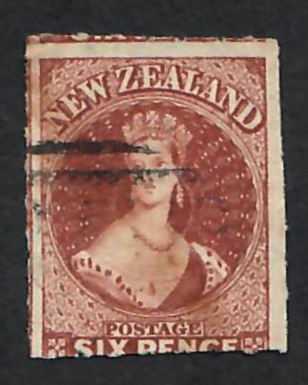 NEW ZEALAND 1862 Full Face Queen 6d Red-Brown.  Roulette 7 at Auckland with Royal Philatelic Society of NZ certificate. Scarce s