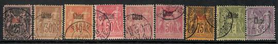 FRENCH POST OFFICES IN CHINA 1894. Set of 13 with shades (21stamps) and vermillion surcharges where applicable. A very nice sele