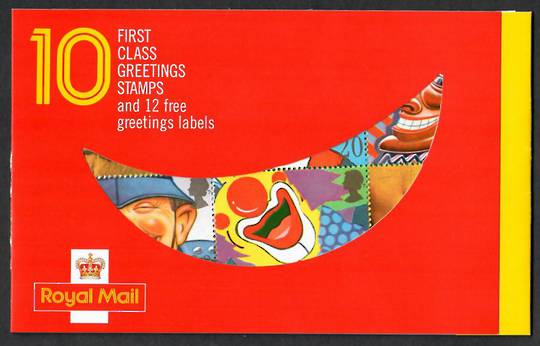 GREAT BRITAIN 1990 Greetings stamps. Booklet. Cover printed in Scarlet Lemon and Black with design cut out showing the stamps in