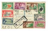 PITCAIRN ISLANDS 1940 Geo 6th Definitives. Set of 10 on cover registered mail to Tirau NZ. All ten stamps ( the 6d on the revers