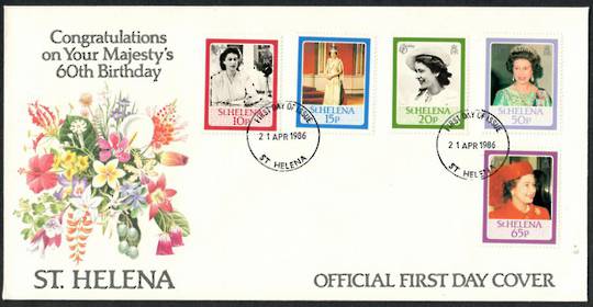 ST HELENA 1986 60th Birthday of Queen Elizabeth 2nd. Set of 5 on first day cover. - 30968 - FDC