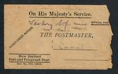 NEW ZEALAND Post and Telegraph Cover. Money-Order Advices. Addressed to The Postmaster. Official Paid. In very poor condition. -