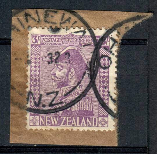 NEW ZEALAND 1926 Geo 5th Admiral 3/- Purple. Cut out from parcel with OHINEWAI J Class cancel of 1932. Cancel a little heavy. -