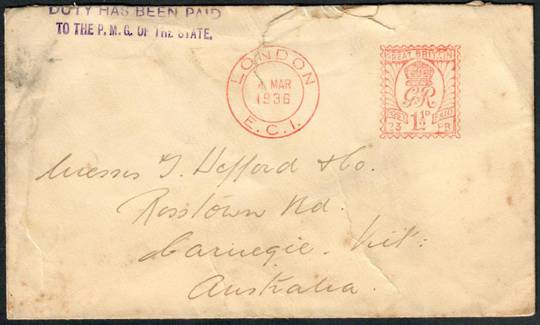 GREAT BRITAIN 1936 Letter to Victoria. Cachet "Duy has been paid to PMG of the State". - 35232 - PostalHist