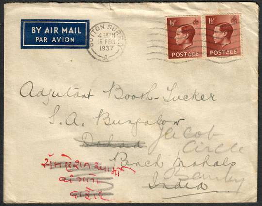 GREAT BRITAIN 1937 Airmail Letter to India with pair of Edward 8th 1½d. Redirected - 35248 - PostalHist