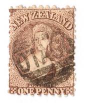 NEW ZEALAND 1862 Full Face Queen 1d Brown. Perf 10x12½. Postmark off face. - 3564 - Used