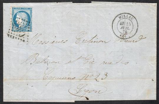 FRANCE 1874 Lettersheet from Millau to Lyon. Franked with 25c Ceres, Deep Blue. Perf 14x13½. Type 1. Postmarked Millau 15 Juil 7