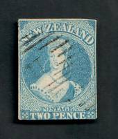 NEW ZEALAND 1855 Full Face Queen 2d Pale Blue. White paper. No watermark. Three good margins, cut slightly into the bottom frame