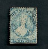 NEW ZEALAND 1862 Full Face Queen 2d Blue. Perf 12Â½.  Watermark NZ. Advanced plate wear. Postmark just touching the face. Light.