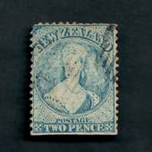 NEW ZEALAND 1862 Full Face Queen 2d Blue. Perf 12½.  Watermark NZ. Advanced plate wear. Postmark just touching the face. Light.