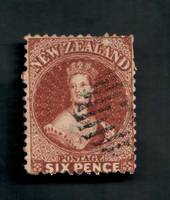 NEW ZEALAND 1862 Full Face Queen 6d Brown. Perf 12½. Watermark NZ. A few poor perfs. Attracive postmark even tho it touches the