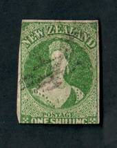 NEW ZEALAND 1855 Full Face Queen 1/- Green Imperf. Davies print. 2½ margins. Pinhole. Ligjt postmark. CP A6d(7) $1000/$200. - 39