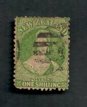 NEW ZEALAND 1862 Full Face Queen 1/- Green. Perf 12½. Watermark Large Star. Heavy postmark. Cat val by CP with faults from $35.0