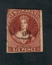 NEW ZEALAND 1855 Full Face Queen 6d Red-Brown. Cut into the top. - 39094 - Used