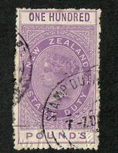 NEW ZEALAND 1880 Victoria 1st Long Type Fiscal £100 Mauve with superb corner circular date stamp. Small repair. - 39229 - VFU