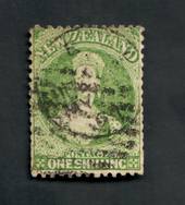 NEW ZEALAND 1862 Full Face Queen 1/- Green. Postmark not too heavy but over the face. Some slightly trimmed perfs. - 39238 - Use