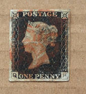 GREAT BRITAIN 1840 Victoria 1st Definitive 1d Black. Four good margins. Looks fine but spoiled by a thin. Red Maltese Cross canc