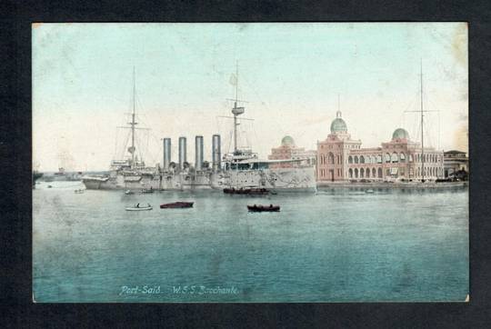 Coloured postcard of WSS Bacchante at Port Said. - 40242 - Postcard