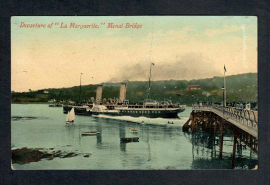 WALES Coloured Postcard of the departure of La Marguerite under Menai Bridge. Crease. - 40288 - Postcard