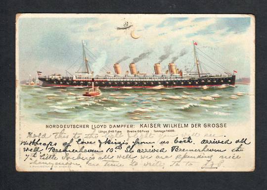 Coloured Postcard of Norddeutscher Lloyd Dampfer Kaiser Wilhelm der Grosse. Sent to the Pilot Statiom at Wanganui. Crease. - 403