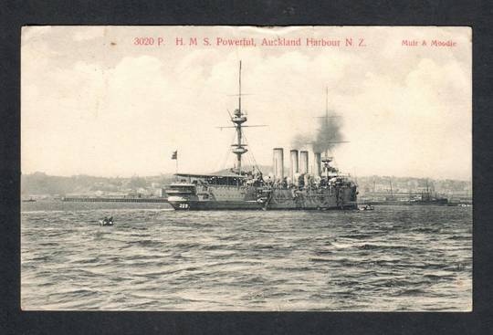 Postcard of by Muir & Moodie of HMS Powerful  Auckland Harbour. NEW ZEALAND Postmark Timaru MORVEN. A Class cancel on Postcard o