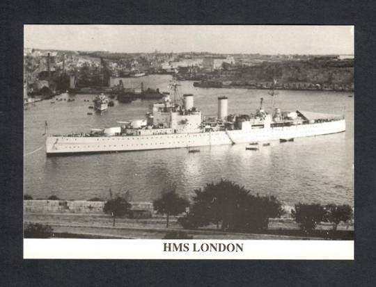 Reproduction of Real Photo held by The Imperial War Museum London of HMS LONDON. Details of the history of the ship are given. -