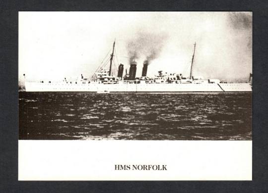 Reproduction of Real Photo held by The Imperial War Museum London of HMS NORFOLK. Details of the history of the ship are given.