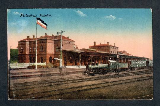 GERMANY Coloured postcard of Herbesthal Bahnhof. Two Red Cross cachets. - 40507 - Postcard