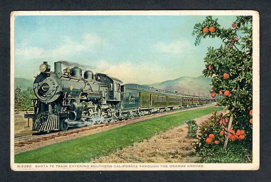 USA older Coloured postcard of Santa Fee Train entering Southern California through the oranga groves. Dull corners. - 40549 - P
