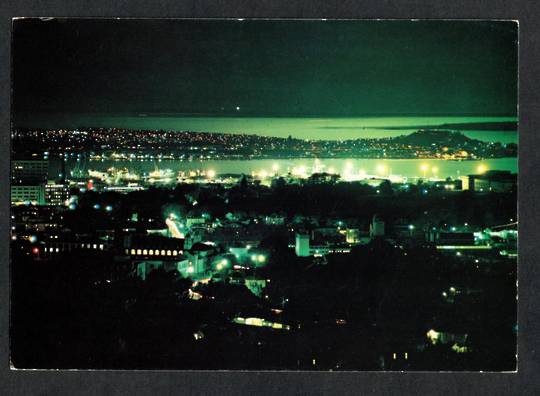 Modern Coloured Postcard by Gladys Goodall of North Head and Waitemata Harbour at night from Mt Eden. - 444407 - Postcard