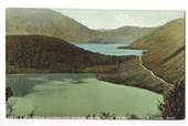 Coloured postcard of Green and Blue Lakes Rotorua showing the Wairoa Road on the right. - 46161 - Postcard