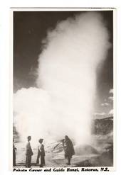 Real Photograph by N S Seaward of Pohutu Geyser and Guide Rangi. - 46261 - Postcard