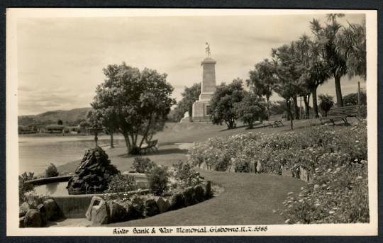 GISBORNE River Bank and War Memorial. Real Photograph by A B Hurst & Son. - 48190 - Postcard