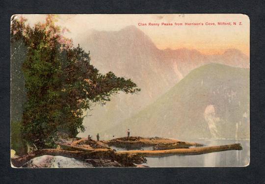 Coloured postcard of Clan Renny Peaks from Harrison's Cove Milford Sound. - 49828 - Postcard