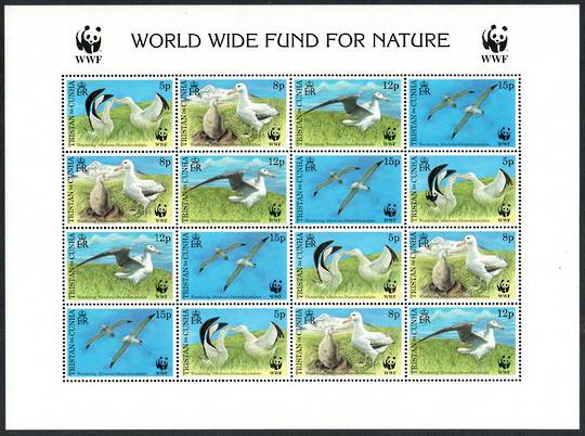 TRISTAN DA CUNHA 1999 Endangered Species. Wandering Albatross. Sheetlet of 16 with the listed but unpriced flaw Panda emblem pri