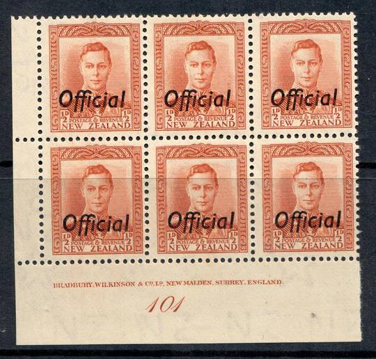 NEW ZEALAND 1938 Geo 6th Official ½d Chestnut. Plate 101. - 50537 - UHM