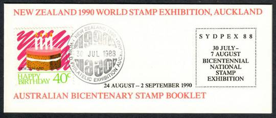 NEW ZEALAND 1990World Stamp Exhibition. Booklet issued at Sydpex 1988 with 6 austra;ian Bicentenary Stamps. On cover is Happy Bi
