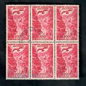 FRENCH ANDORRA 1955 Air 200fr Carmine. Block of 6. Perfect except that there is slight bluing across the bottom three probaly fr