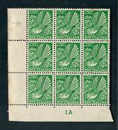 NEW ZEALAND 1935 Pictorial ½d Green. Block of 9 including Row 8/1 Clematis Flaw and Row 8/3 Flaw beneath the ½d . Toning on the