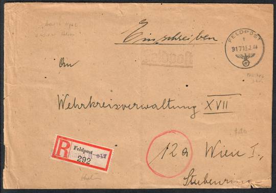 GERMANY 1944 Registered Feldpost to Austria. Nazi Feldpost cachet. - 533551 - PostalHist
